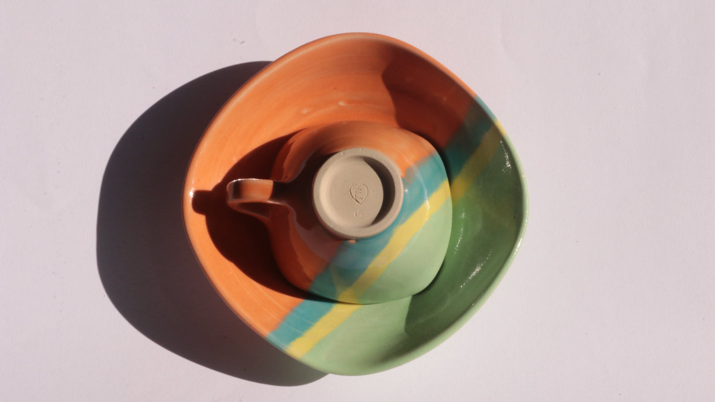 Coffee Cup & Saucer set - Orange and Green with Blue and Yellow Stripes